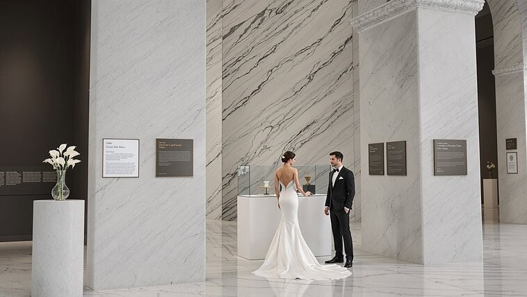 Bride and groom exchanging vows in a sleek, contemporary wedding setting with marble walls.