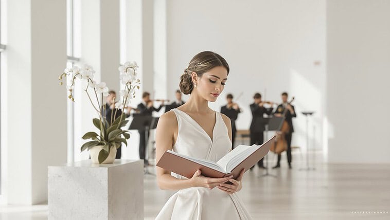 Bride reading vows at elegant wedding venue.