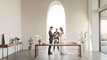 Bride and groom exchanging vows during elegant wedding ceremony in bright, modern venue.