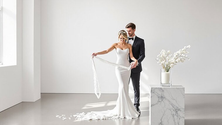 Bride and groom in elegant wedding attire in a minimalist studio setting.