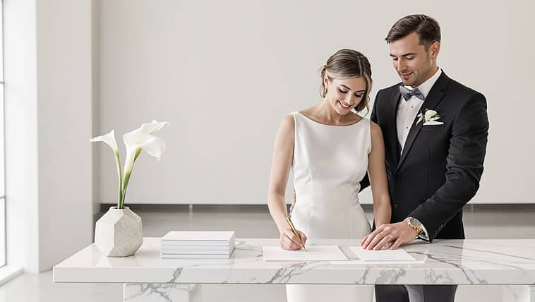 Happy bride and groom signing wedding registry at modern reception desk.