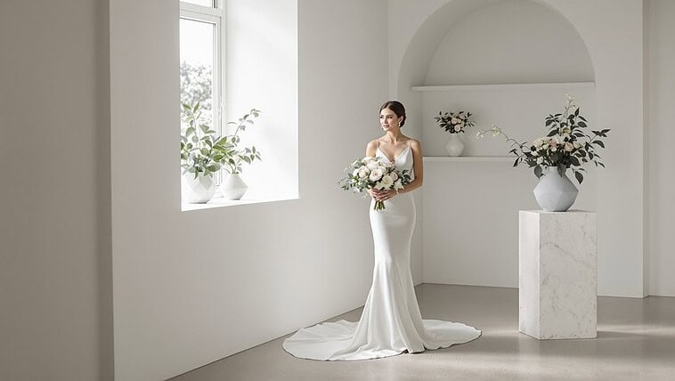 Bride in elegant white wedding dress holding bouquet in bright, minimalist room.