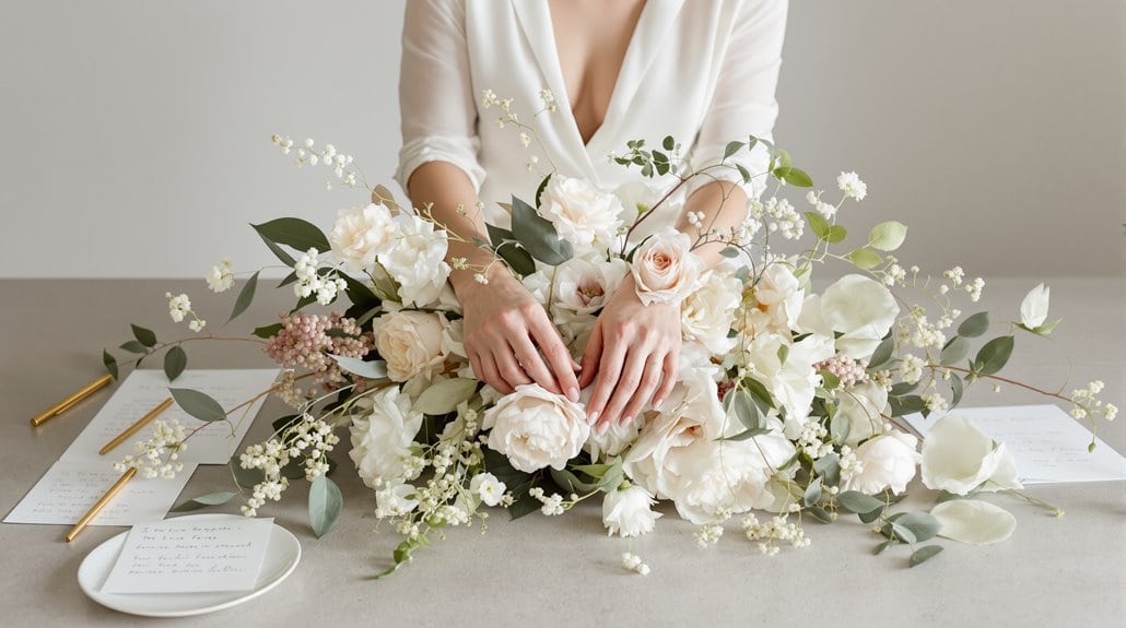 Beautiful white wedding floral arrangement with roses and greenery.