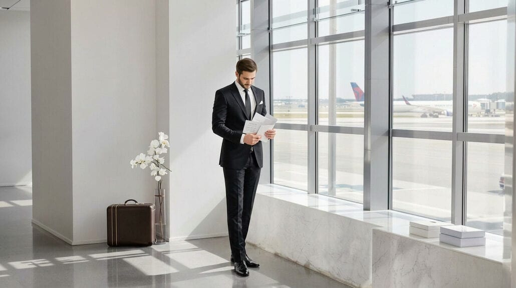 Bride in wedding dress waiting at airport terminal with suitcase.