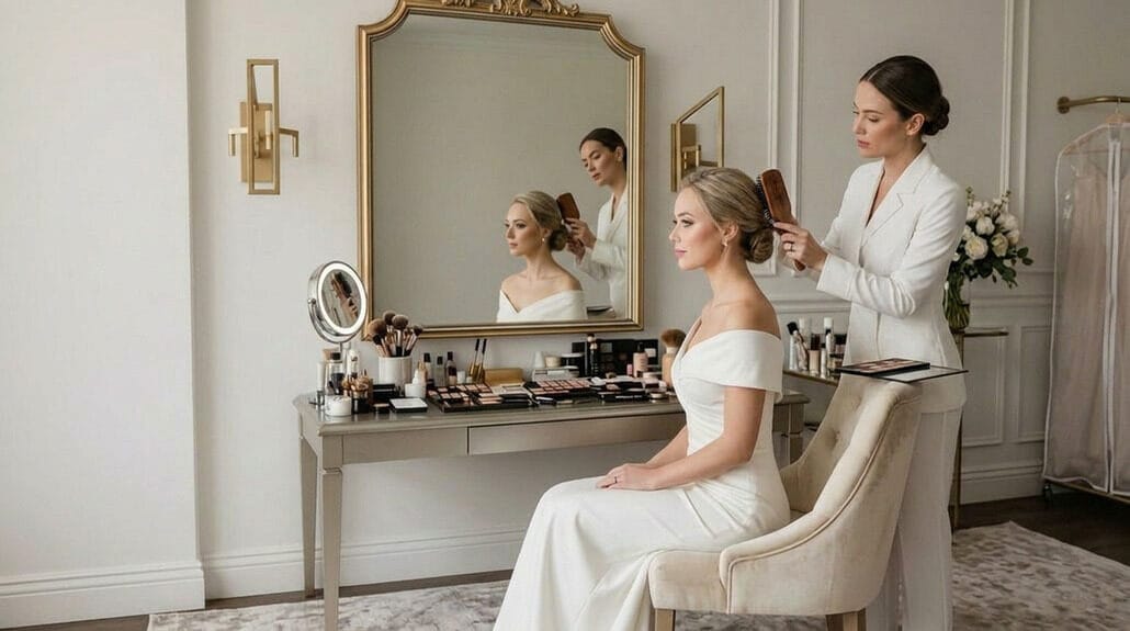 Bride getting makeup done in a modern, elegant wedding preparation room.
