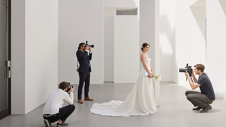 Bride posing for wedding photos with photographers in modern studio setting.