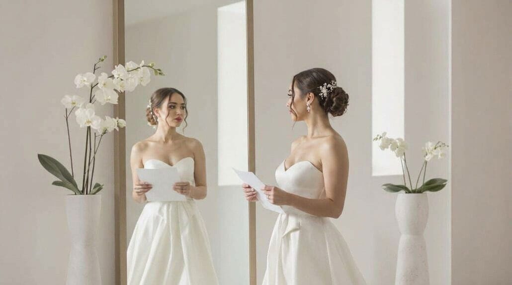 Two brides in elegant white wedding dresses holding papers in a bright room.