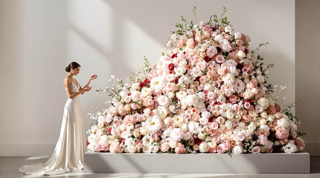 Elegant wedding floral arrangement with pink and white roses and greenery.