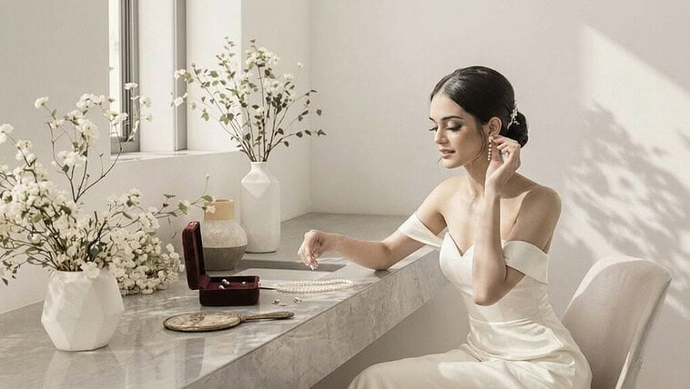 Bride in elegant wedding dress holding pearl necklace by window.