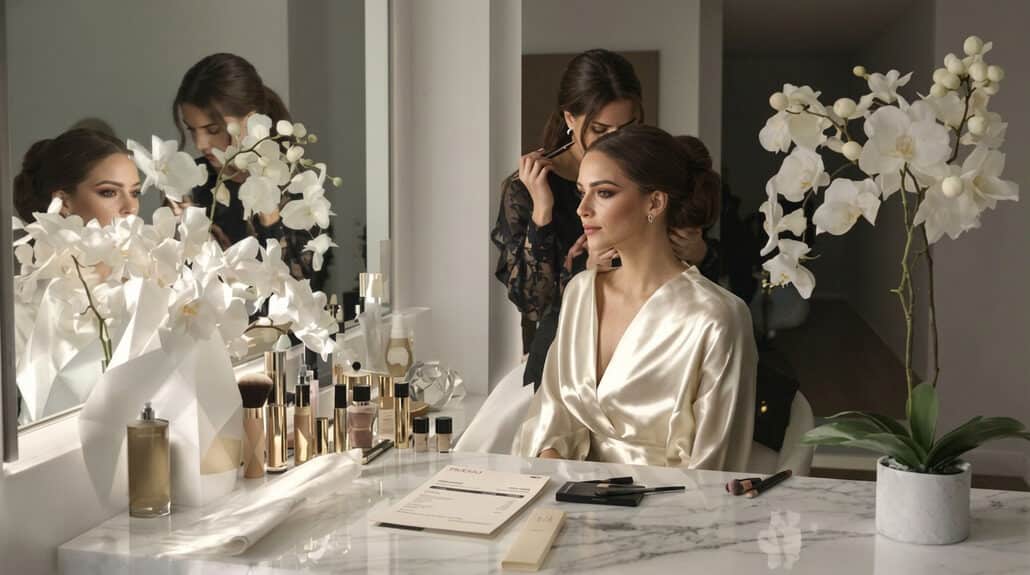 Bride getting makeup done by a professional artist in a modern salon.