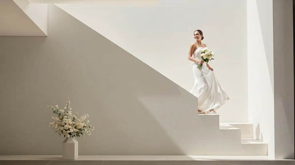Bride in wedding dress sitting on minimalist staircase with white walls.