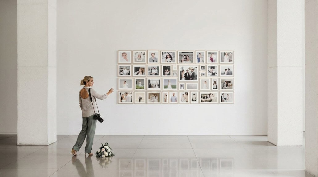 Bride taking photos of a wedding photo display at an elegant wedding venue.