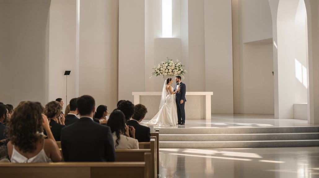 Bride and groom exchanging vows during elegant wedding ceremony in a modern church.