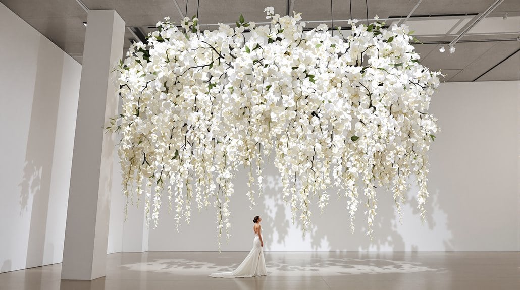 Elegant wedding floral installation with cascading white orchids and roses.