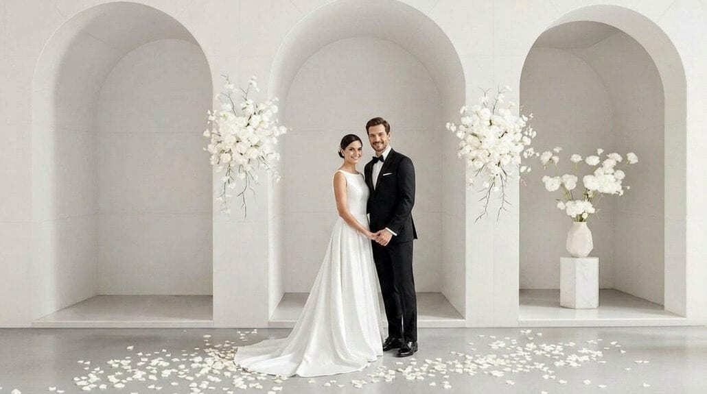Bride in elegant white wedding gown with flowing train in minimalist setting.