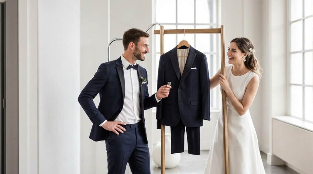 Bride and groom choosing wedding suits in bright, modern studio.