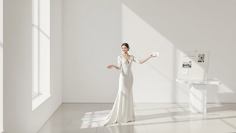 Elegant wedding bride in a sleek white gown holding a small gift in a bright, minimalist room.