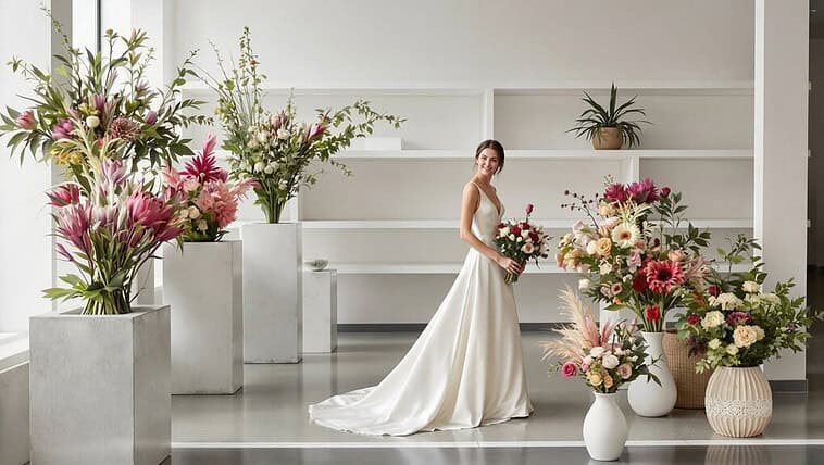 Bride in wedding dress with vibrant floral arrangements at elegant wedding venue.