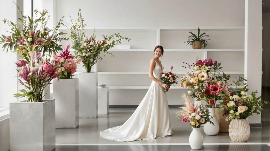 Bride in wedding dress with vibrant floral arrangements at elegant wedding venue.