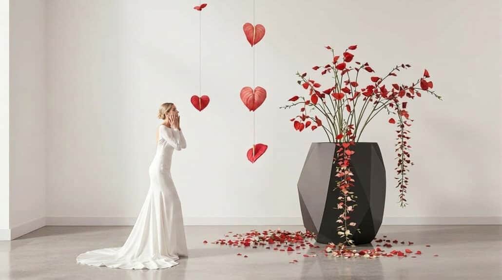 Bride with hanging heart balloons and floral arrangement in modern wedding setting.