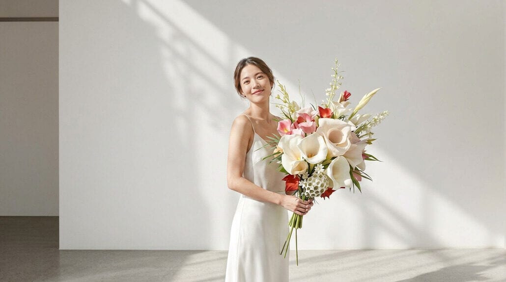 Bride holding a large bouquet of white and pink flowers at her wedding.