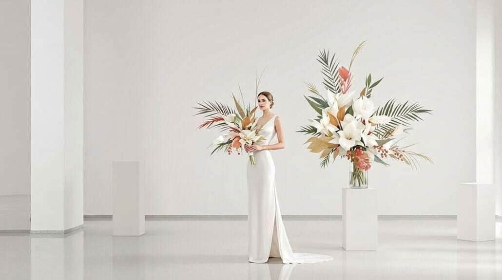 Bridal bouquet with large white lilies and tropical foliage, perfect for a wedding ceremony.
