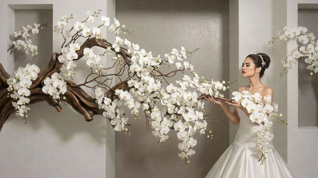 Bridal bride holding a large cascading white orchid bouquet at her wedding.