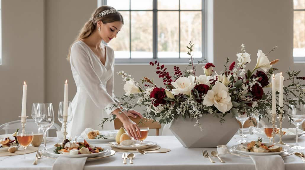 Elegant wedding table with floral centerpiece and fine dining setup.