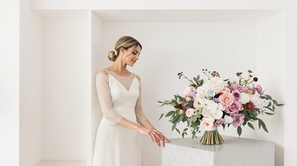 Beautiful bride in wedding dress with floral bouquet on white background.