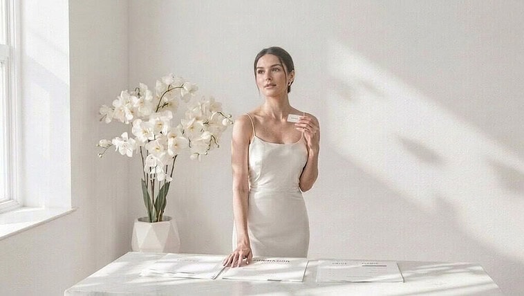 Elegant bride in satin wedding dress with floral decor, bright natural light.