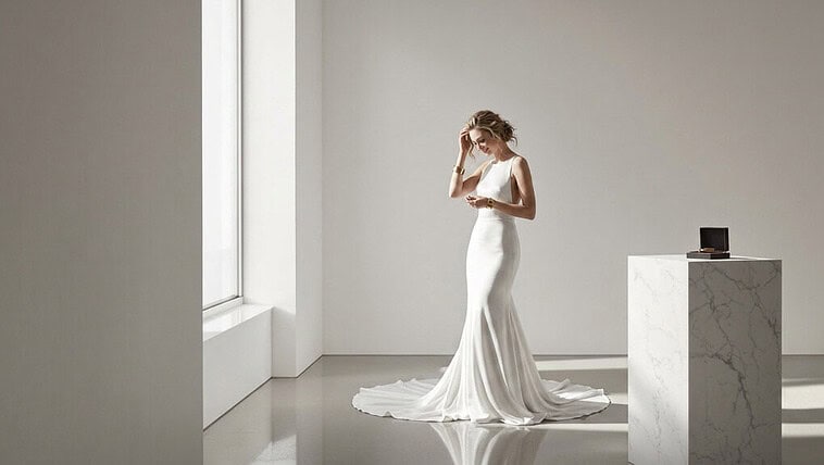 Bride in elegant white wedding gown standing in bright minimalist room.