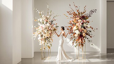 Elegant wedding floral arrangements with white and blush flowers and lush greenery.