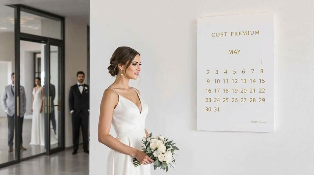 Bride in elegant wedding dress holding bouquet at wedding venue.
