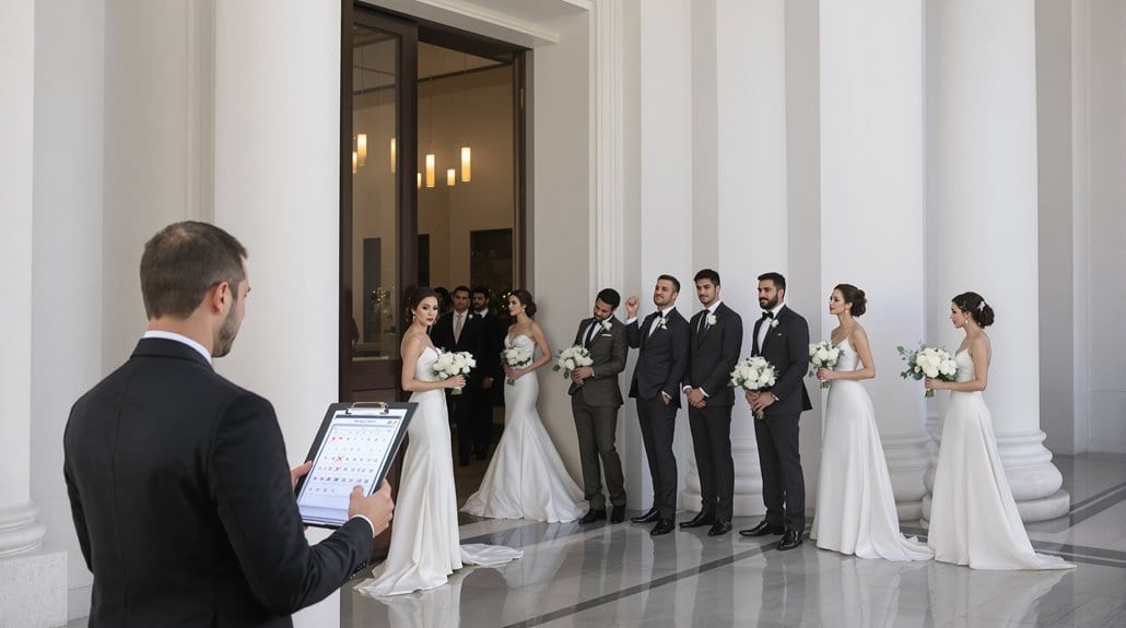 Bride and groom with wedding party in a stylish, modern venue with tall white columns.