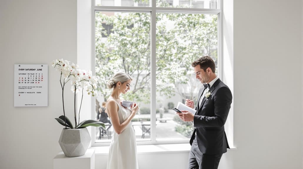 Elegant wedding ceremony with bride and groom reading vows by a large window.