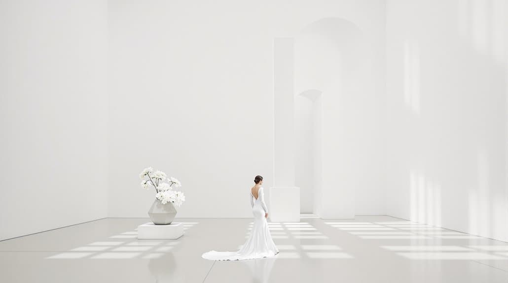 Elegant wedding bride in white gown standing in a bright, minimalist venue with natural light.