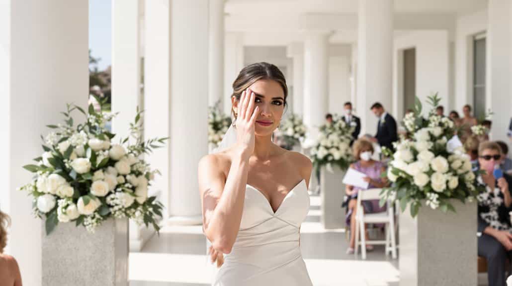 Bride with wedding dress at outdoor ceremony.