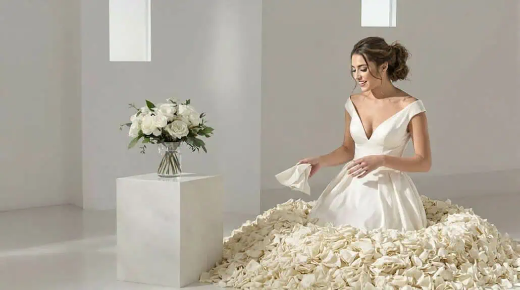Bride in a white wedding gown with floral details, surrounded by flower petals.