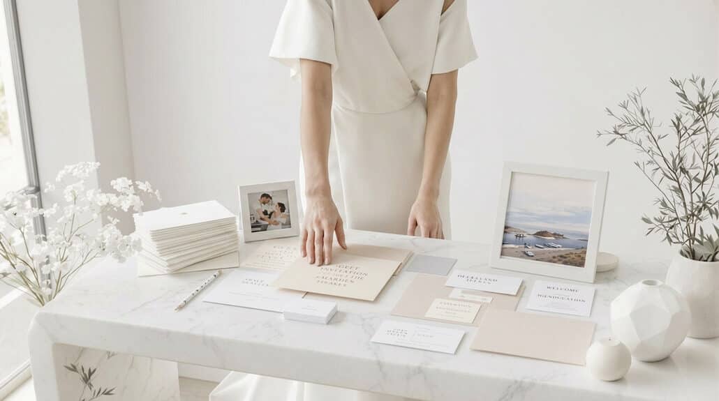 Elegant wedding table setup with wedding invitations, photo frames, and decorative elements.