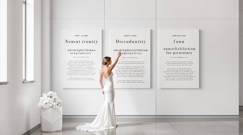Elegant wedding bride viewing modern art at gallery exhibition.