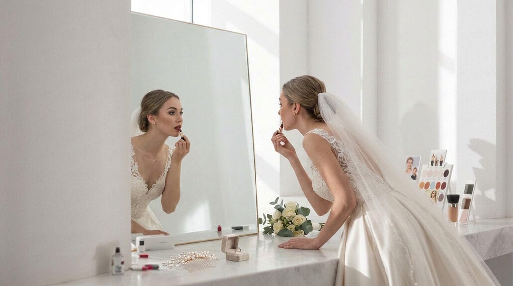 Two women applying makeup in a bright, modern studio for a wedding look.