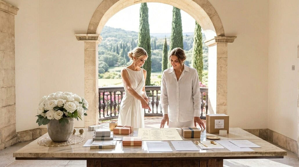 Wedding registration desk with two women, scenic outdoor view in the background.