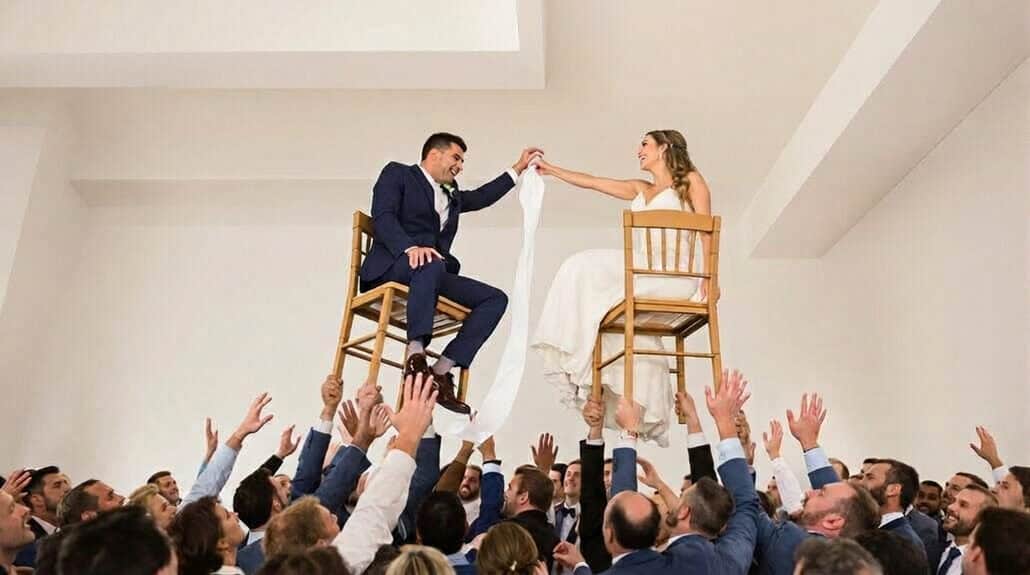 Elegant wedding with floating chairs and joyful guests at the ceremony.