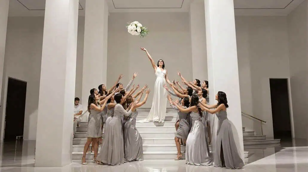 Bride walking down white stairs with floral arrangements at elegant wedding.
