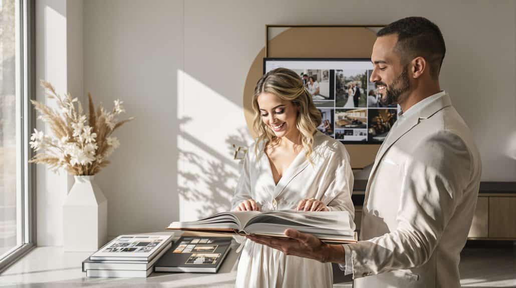 Happy bride and groom reviewing wedding album in bright, modern venue.