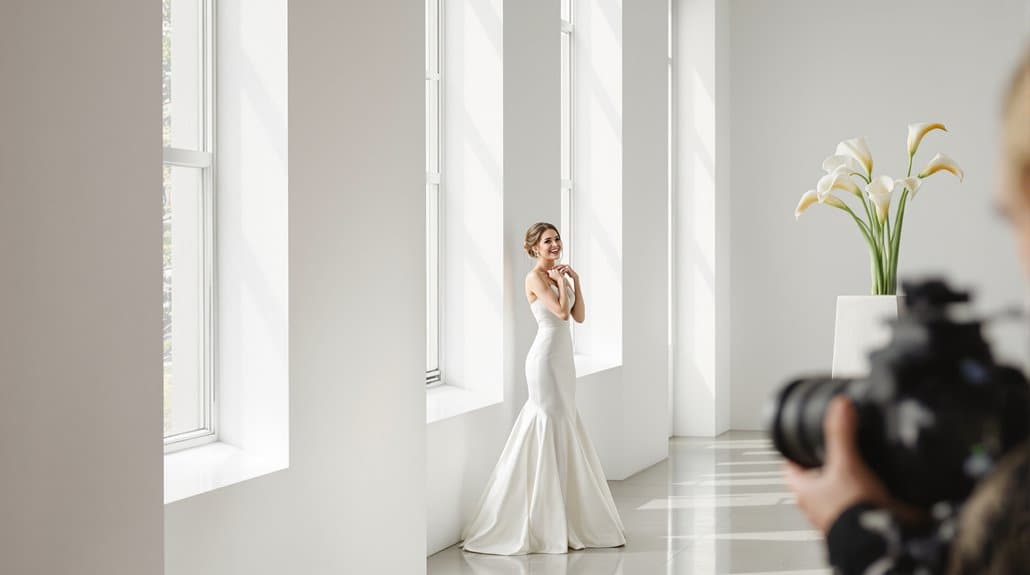 Bride in elegant wedding dress posing by large windows in bright studio.