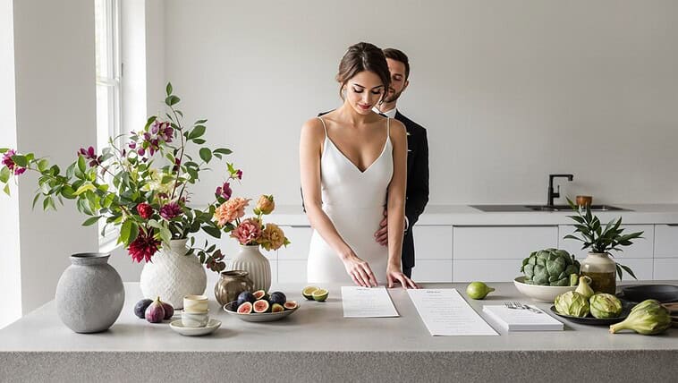 Bride and groom tasting wedding cake in modern kitchen setting.