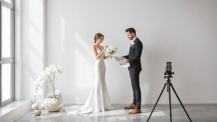 Bride and groom exchanging vows in a modern, minimalist wedding setting.