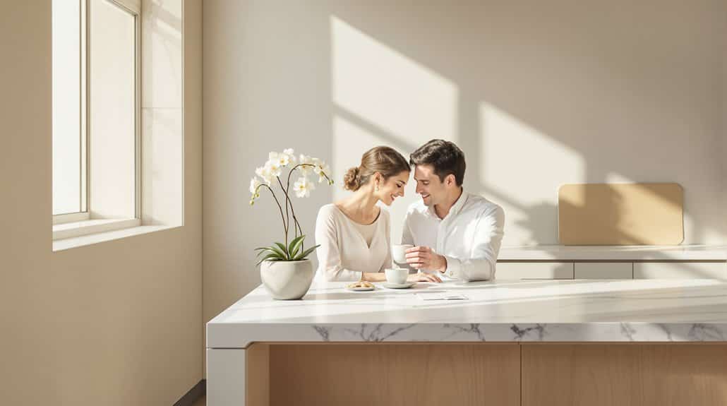 Elegant wedding couple enjoying coffee in a bright, modern kitchen with natural sunlight.