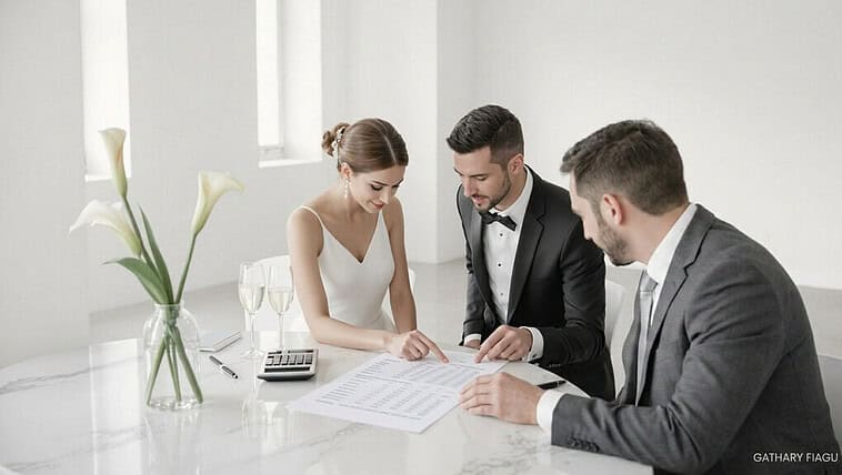 Wedding planning meeting with couple and planner in bright modern office.
